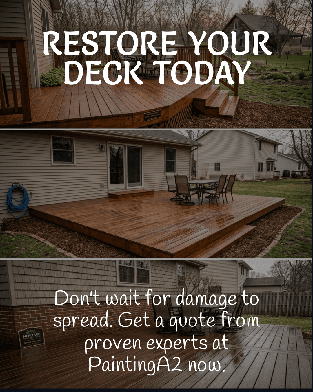 Restore your deco today. Dont wait for damage to spread. Paintinga2.com has proven experts for deck restoration.